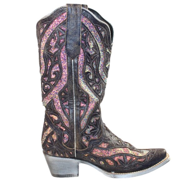 JB Dillon Reserve Black Distressed Midnight Sparkle Inlay Tall Boot Size 8.5 - Picture 3 of 12